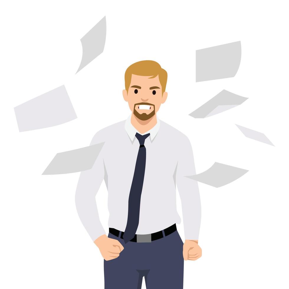 Angry disgruntled office worker in stress. Furious annoyed employee throwing paper documents. vector
