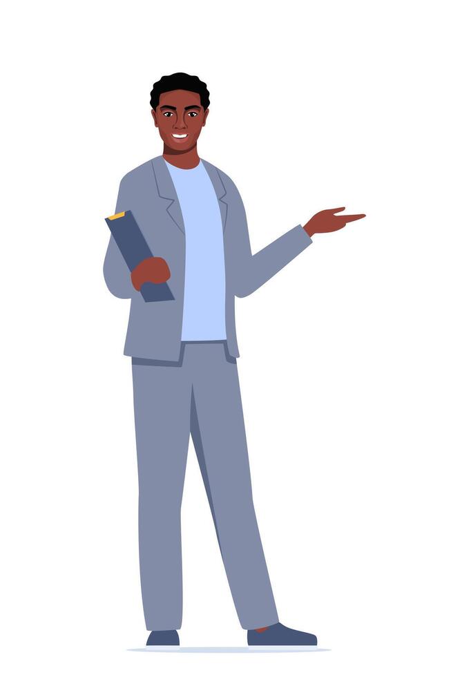 Young black man with clipboard standing isolated on white background. Black man introduce, show and present something. Business speaker standing with clipboard. Male presenter. illustration. vector