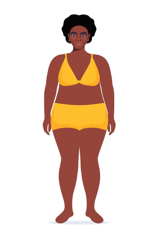 Body positive black woman. Plus size female character. Attractive curvy, overweight girl. Oversize obesity, pretty large lady in beautiful fashionable clothes. illustration. vector