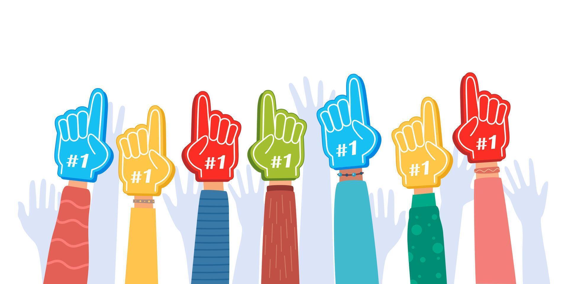 Fan foam fingers. Hands up with glove with number one, stadium supporter pride accessory, football victory symbol. Best sport team cheering, first place in competition. illustration. vector