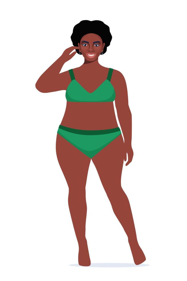 Black woman in underwear. Plus size female character. Attractive curvy, overweight girl. Oversize obesity, pretty large lady in beautiful fashionable clothes. illustration. vector
