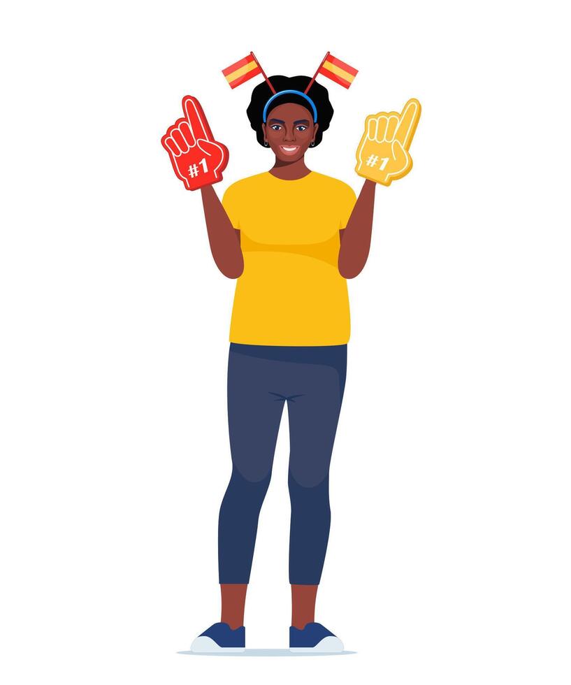 Young black woman football fan character with fan foam fingers supporting favorite team. Soccer fan. illustration. vector