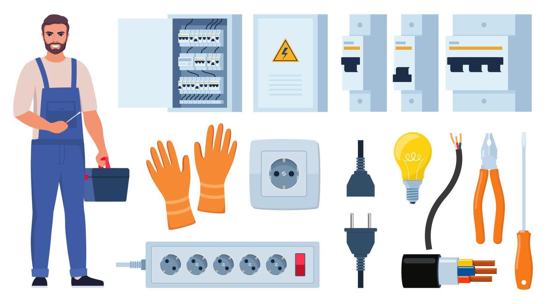 Electrical Repair Tools for Technician, Socket Maintenance Service. Electrician worker equipment for electric power system inspection. Electricity, energy concept. . vector