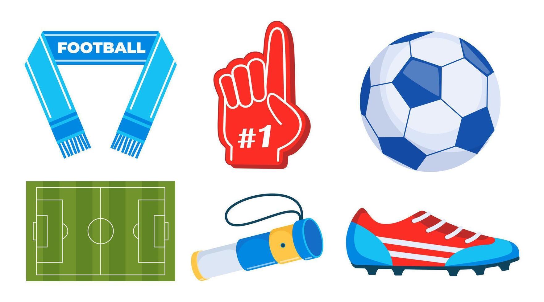Football attributes. Soccer cheer accessories. Football match, competition, championship. Set of elements for soccer, football sport event. illustration. vector
