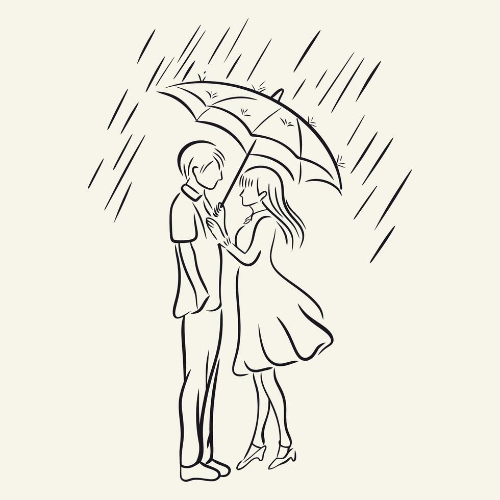 Romantic Couple Under Umbrella During Rain, Hand Drawn Minimalist Line Art vector