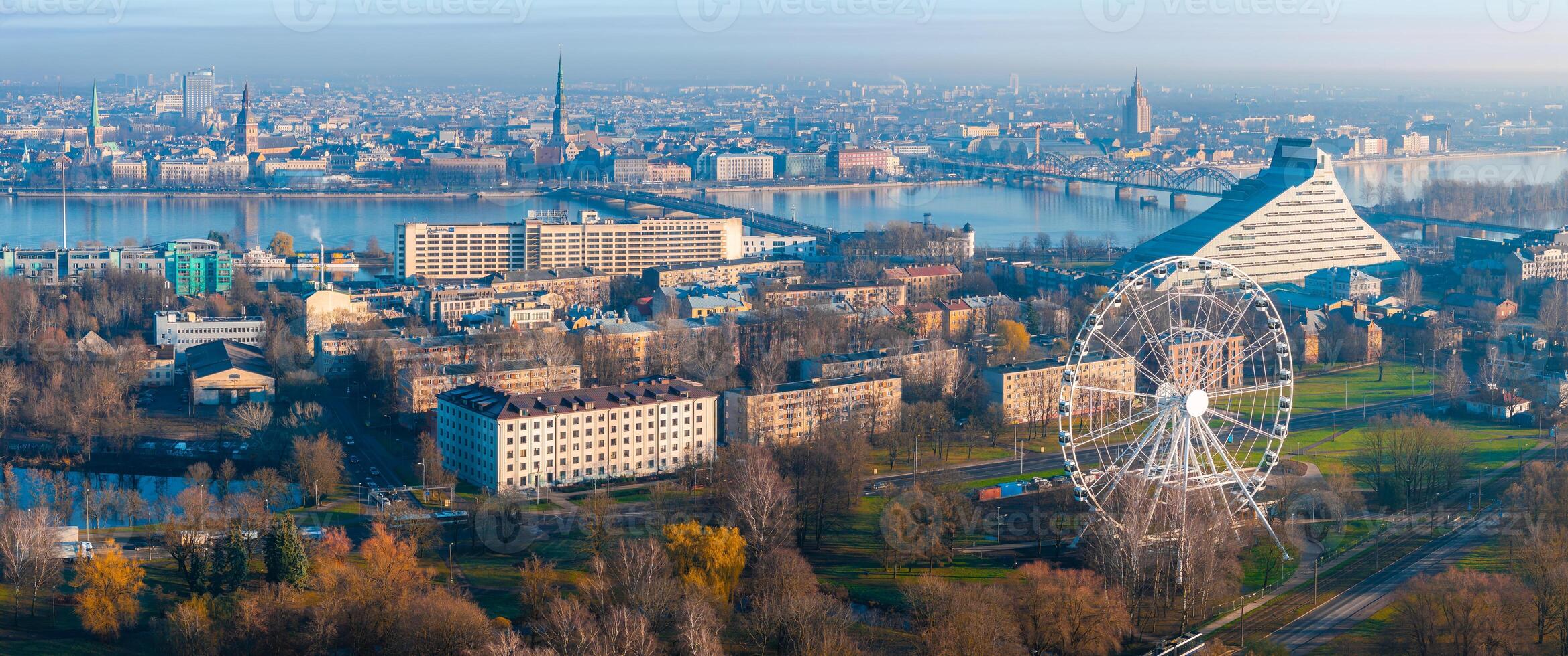 Aerial View of Riga with Ferris Wheel and National Library photo