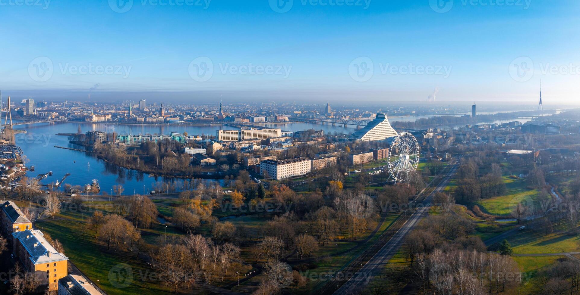 Aerial View of Riga with National Library and Daugava River photo