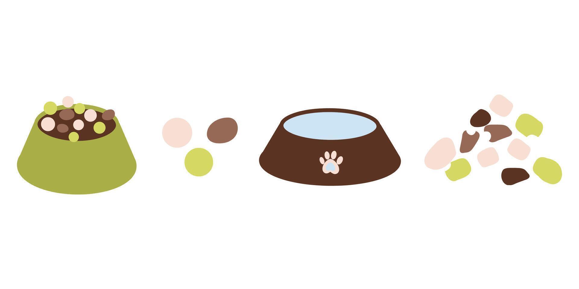 Set of dry pet food on white background, pet bowl, illustration vector