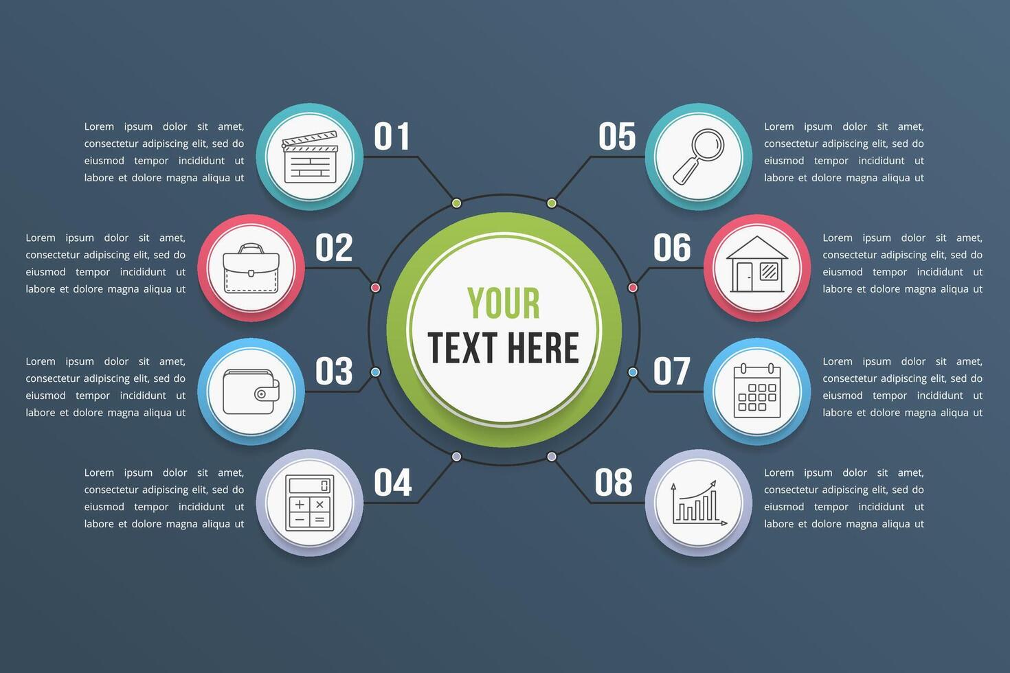 Infographic template with eight steps or options, workflow, process diagram vector