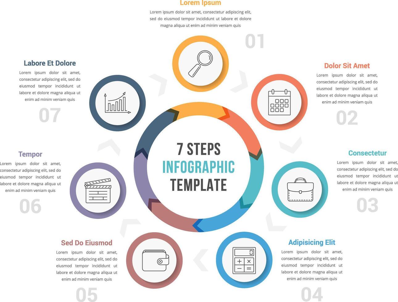 Circle diagram infographic template with arrows with seven steps, workflow, process vector