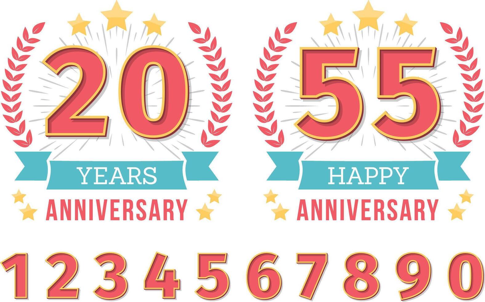 Anniversary emblem with ribbon, stars and laurel wreath, create your anniversary emblems, set of numbers included vector