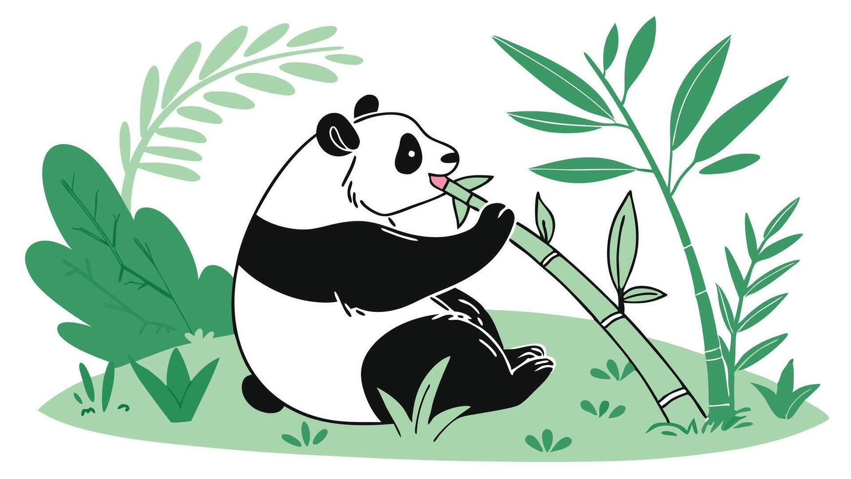 Panda Bear Eating Bamboo in Green Surroundings vector