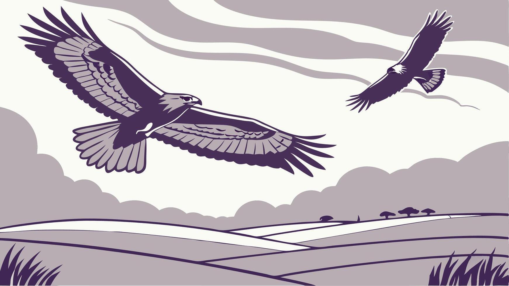 Birds of Prey Soaring Over Open Plains with a Dramatic Sky vector