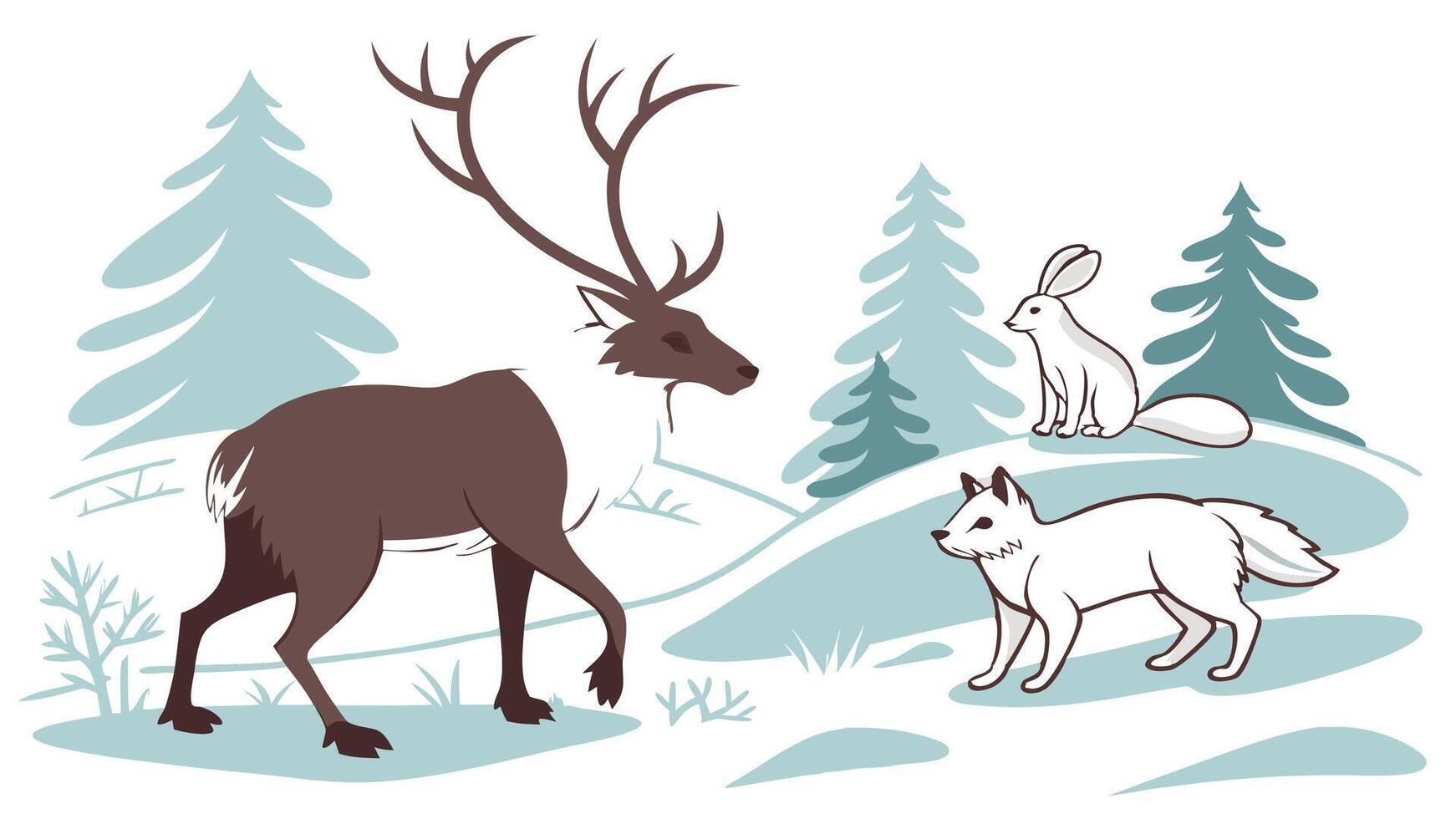 Snowy Landscape with Reindeer, Snow Hares, and Arctic Wildlife vector