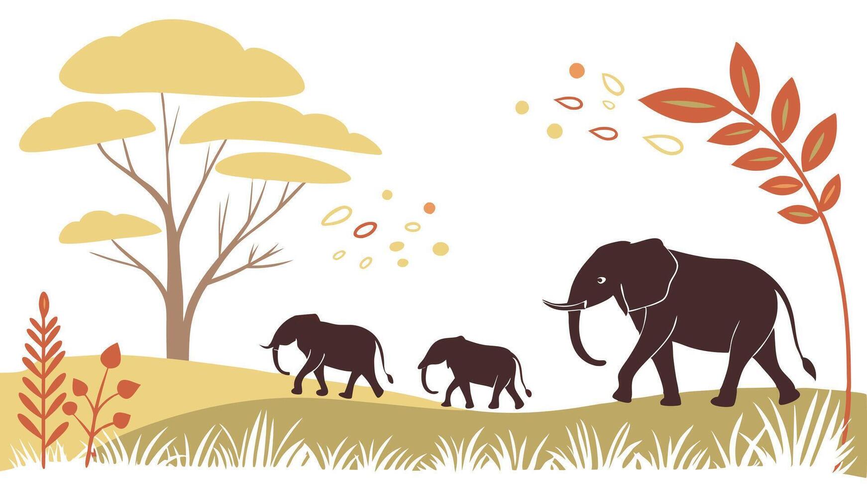 Elephants with Calves in Open Grassy Plains with Calm Atmosphere vector