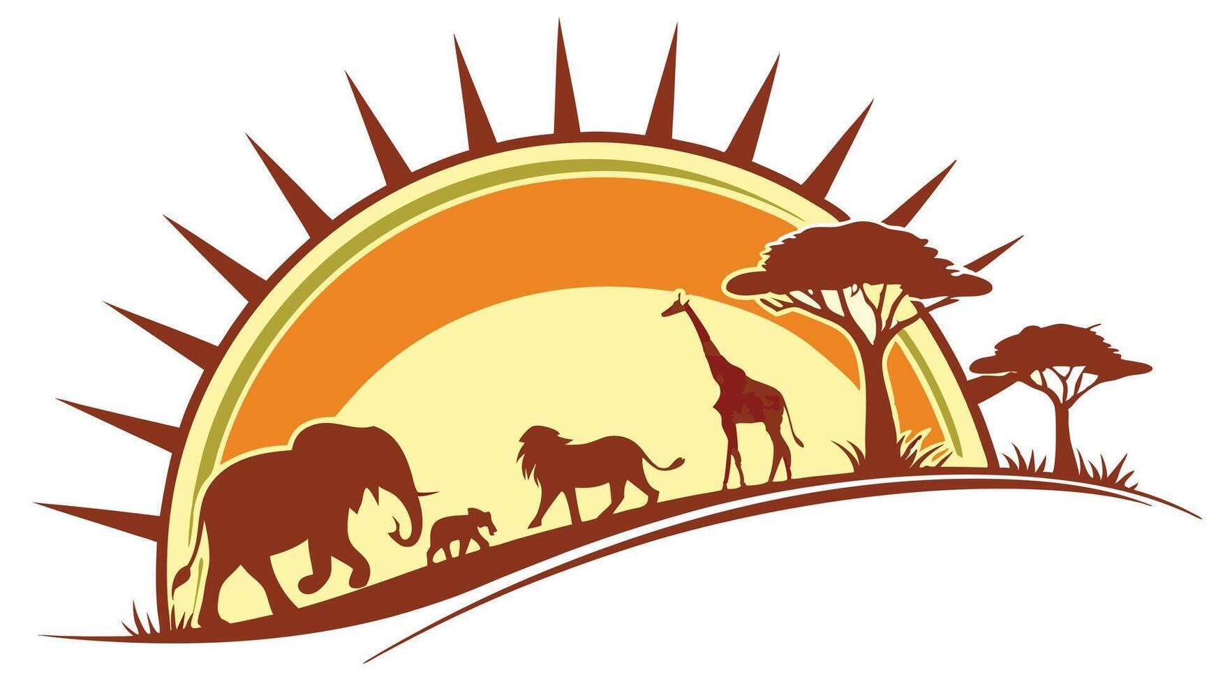 African Savanna Scene with Elephants, Giraffes, and Lion vector