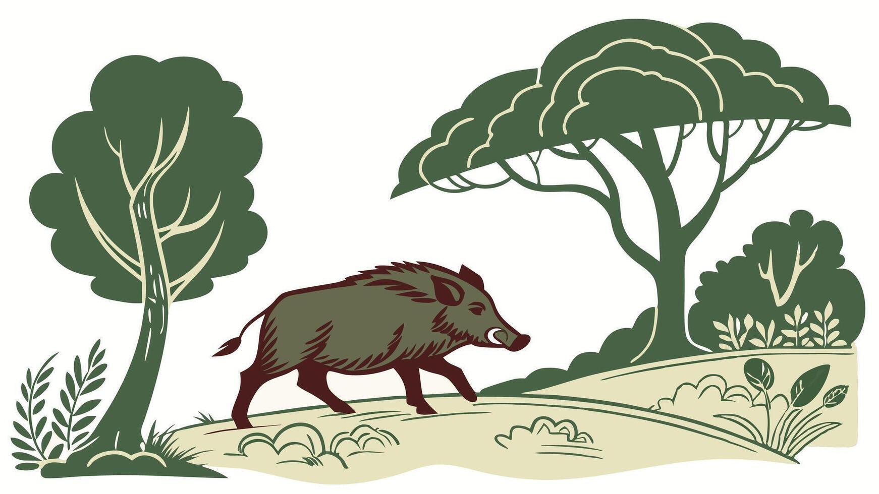 Wild Boar Wandering in Thick Woodland Habitat with Wildlife vector