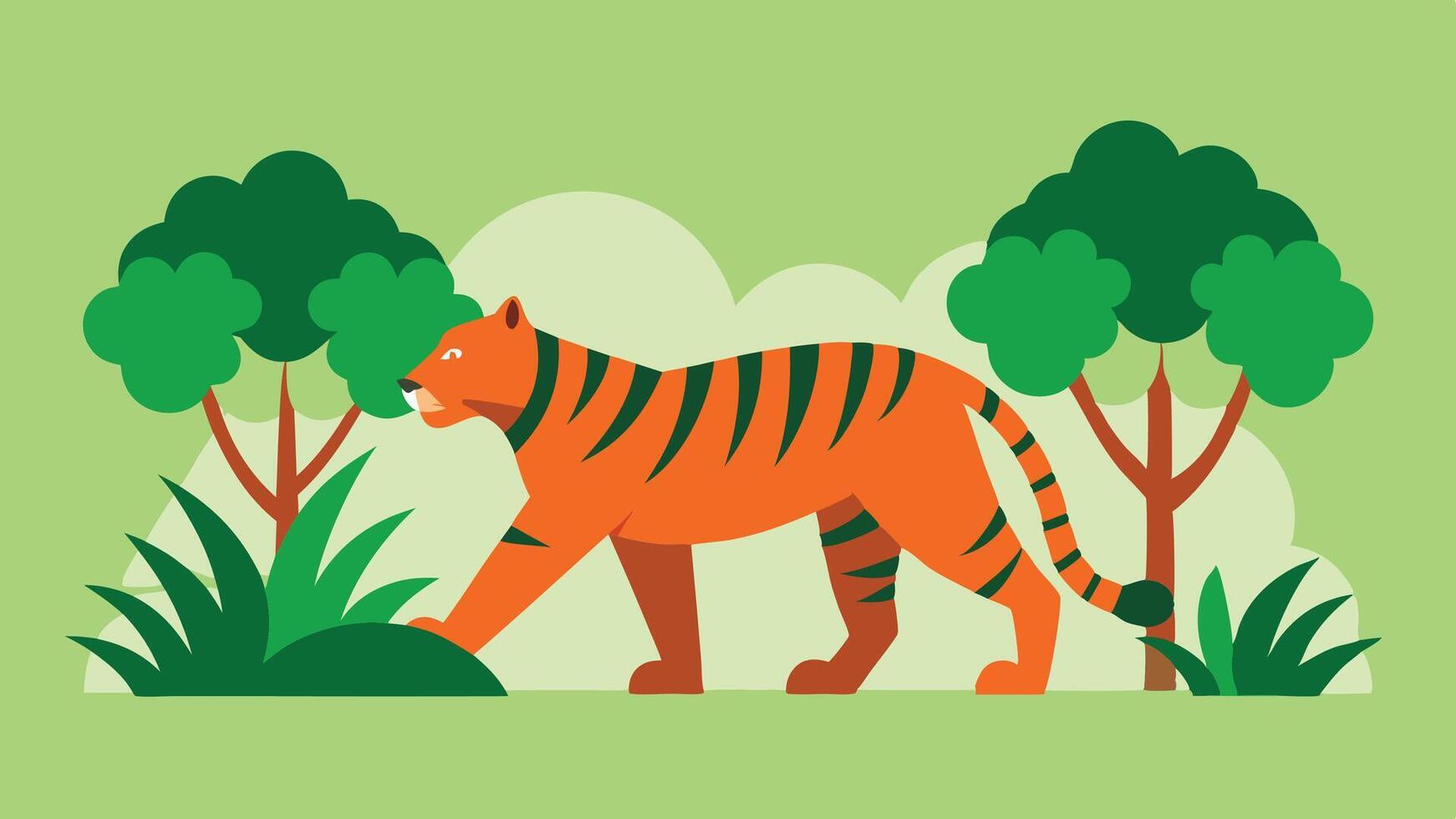 Tiger Walking Through Dense Forest Scenery vector