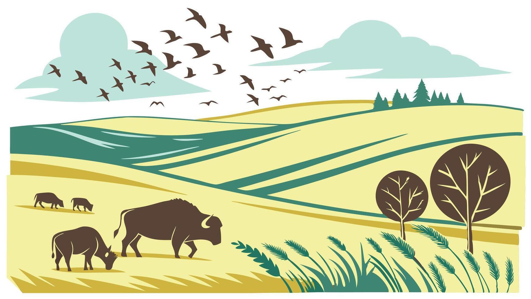 Open Prairie with Grazing Bison and Flocks of Birds vector