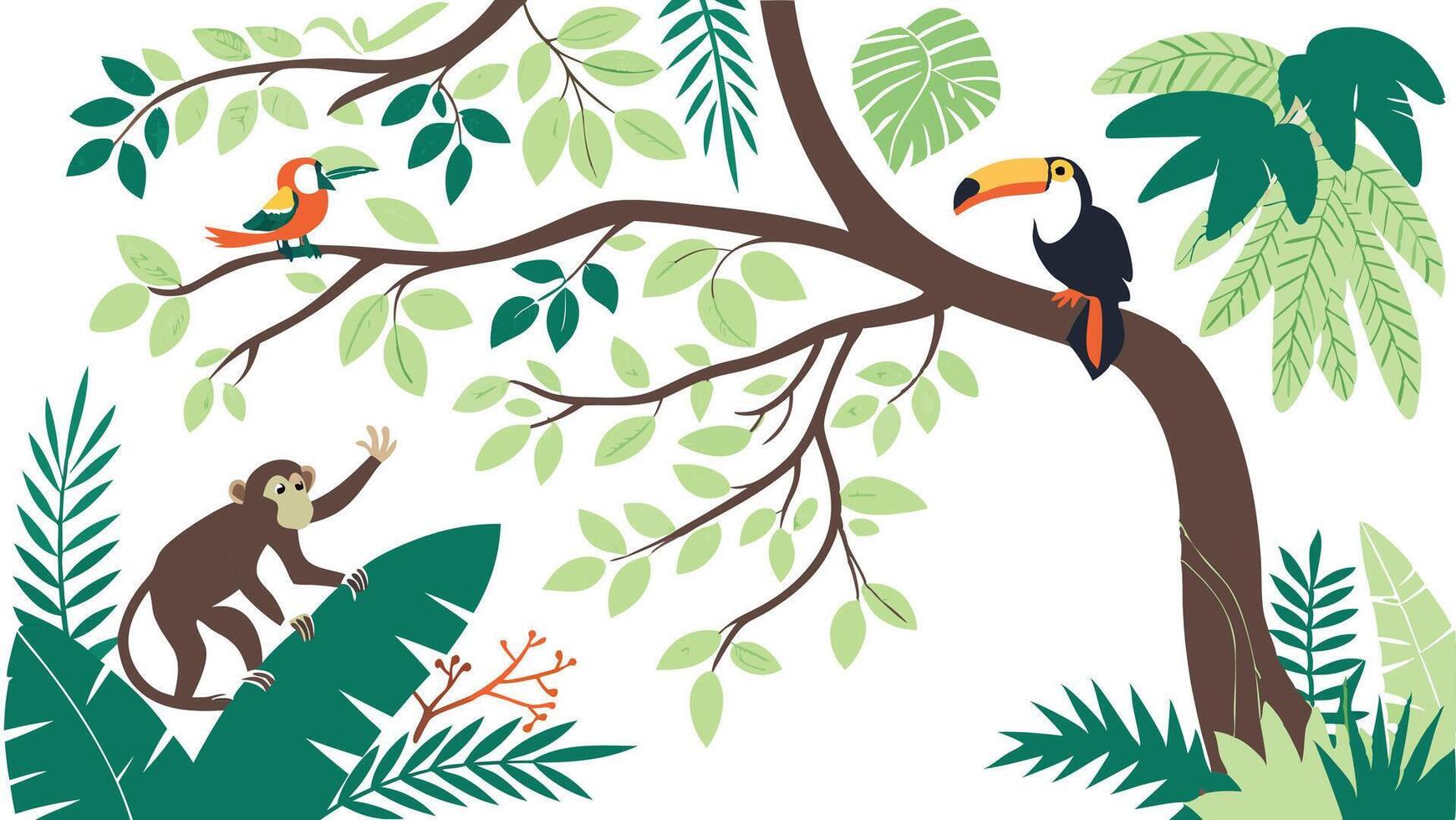 Tree Canopy View with Monkeys, Toucans, and Tropical Wildlife vector