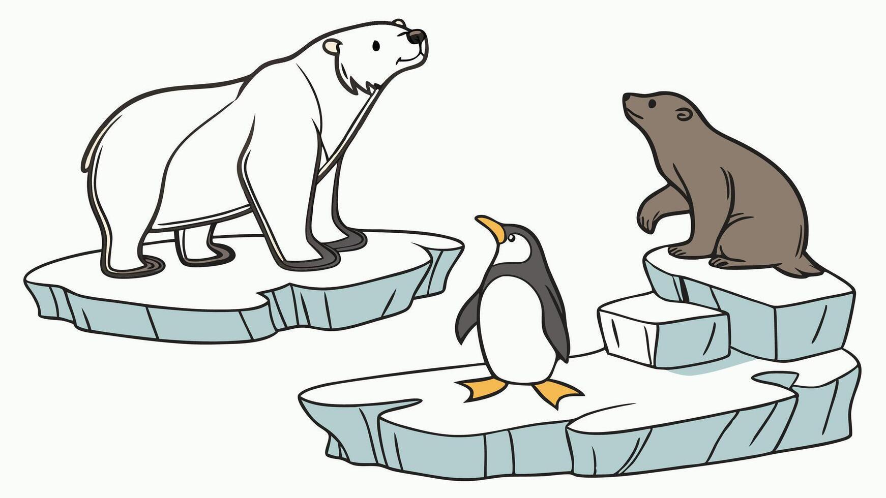 Arctic Wildlife Scene Featuring Polar Bears, Seals, and Ice vector