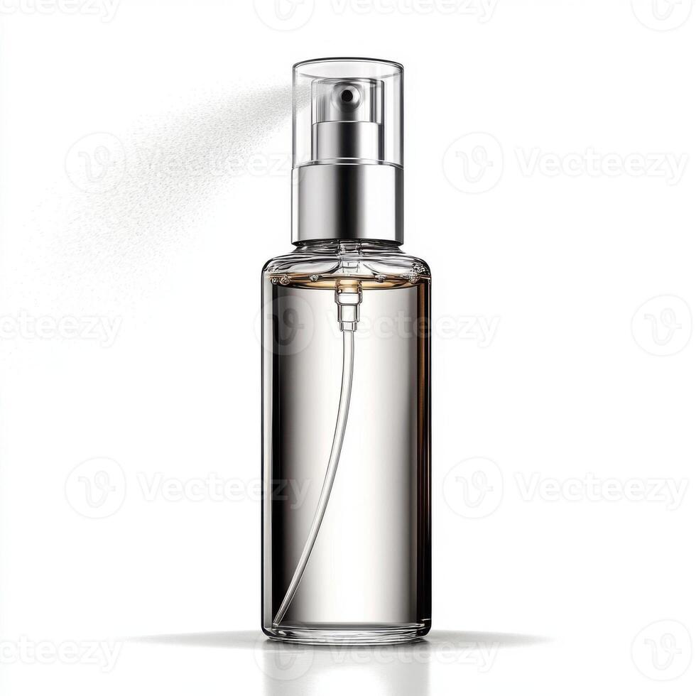 Bottle of perfume spraying isolated on a clean white background photo