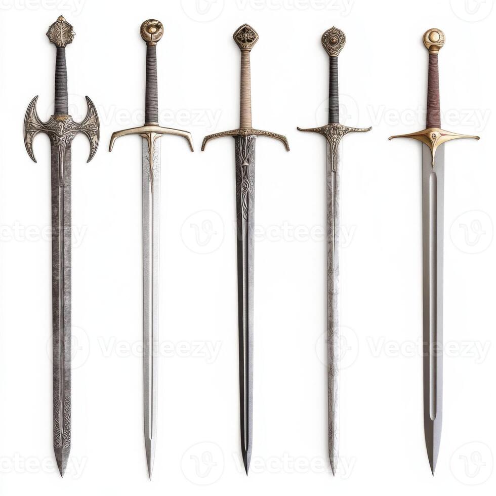 Several swords isolated on a white background, each with a distinct design photo