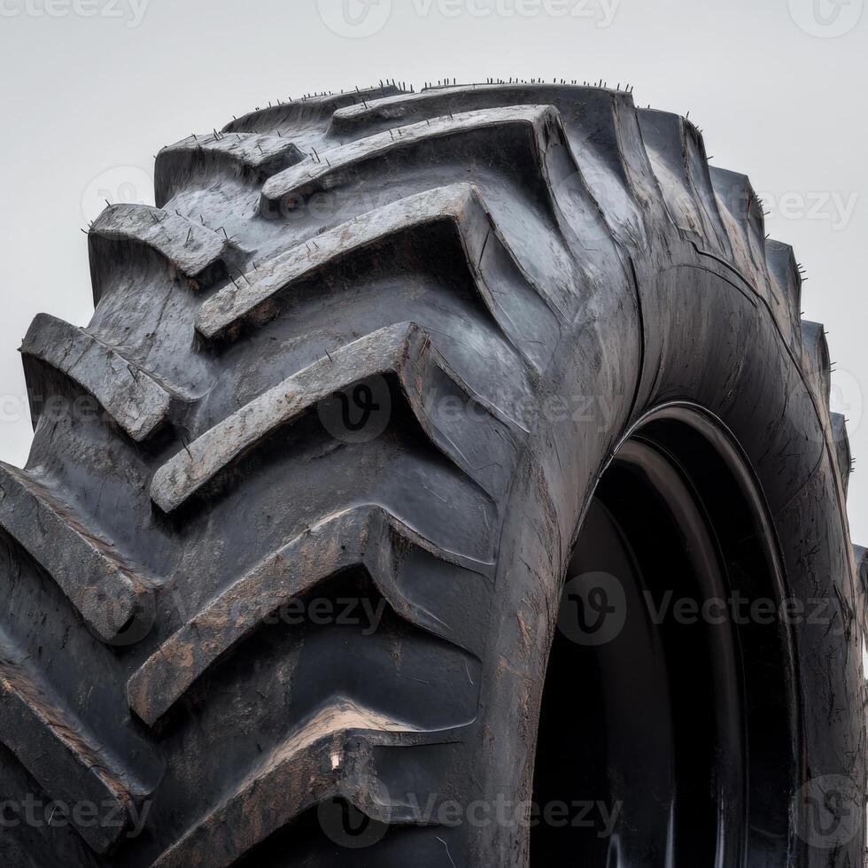A close-up of a large tractor tire with detailed texture, showcasing its rugged tread pattern photo