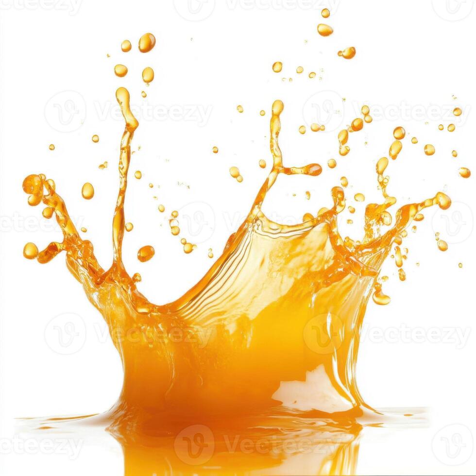 Orange juice splash isolated on a white background, with vibrant orange liquid splashing in dynamic, curved arcs photo
