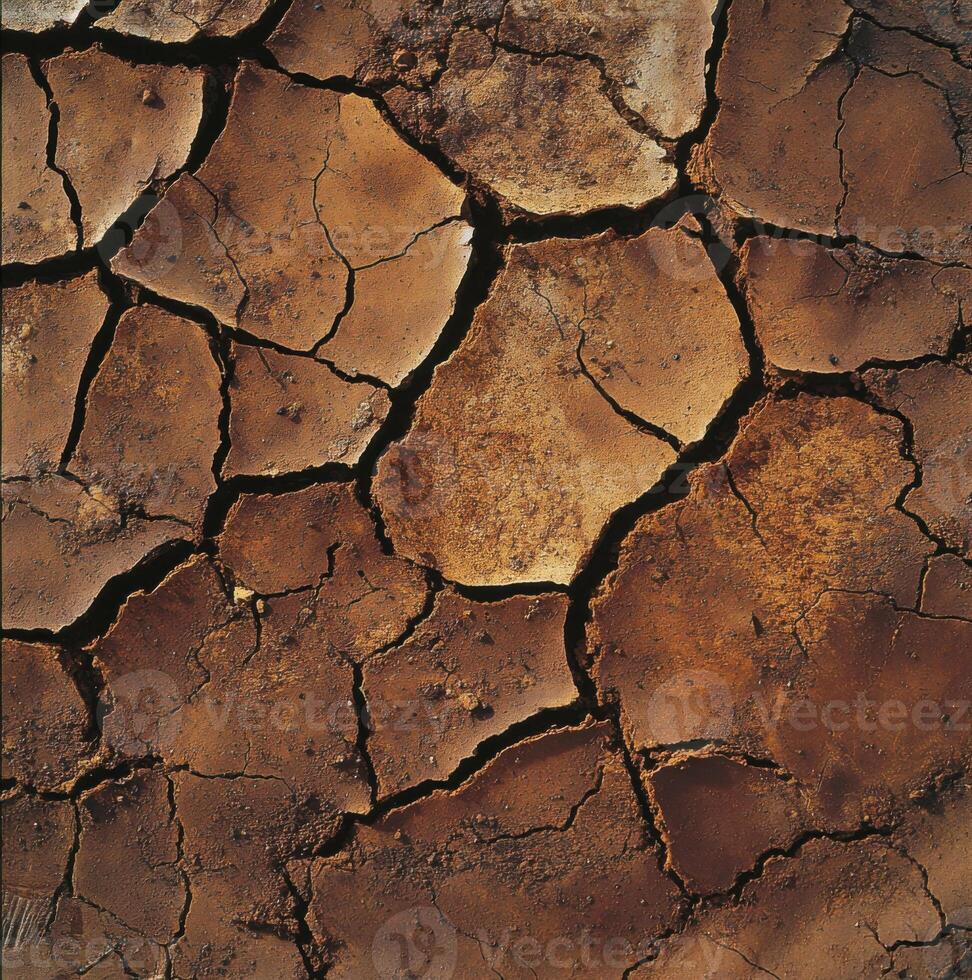 A close-up view of cracked earth, showcasing a detailed macro texture photo