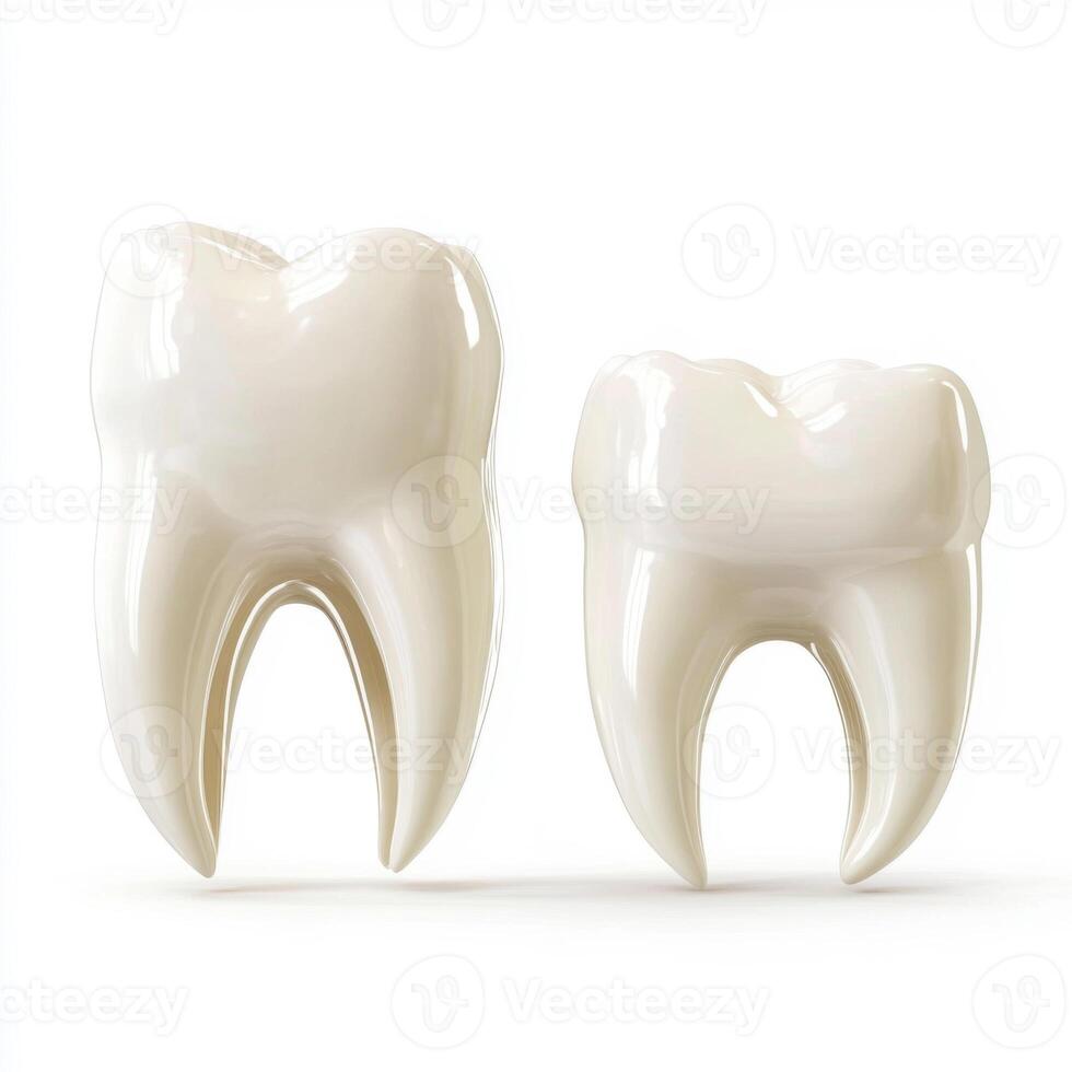 A clean, minimalistic image of a white milk tooth deciduous tooth and a permanent molar tooth, both isolated on a pure white background photo
