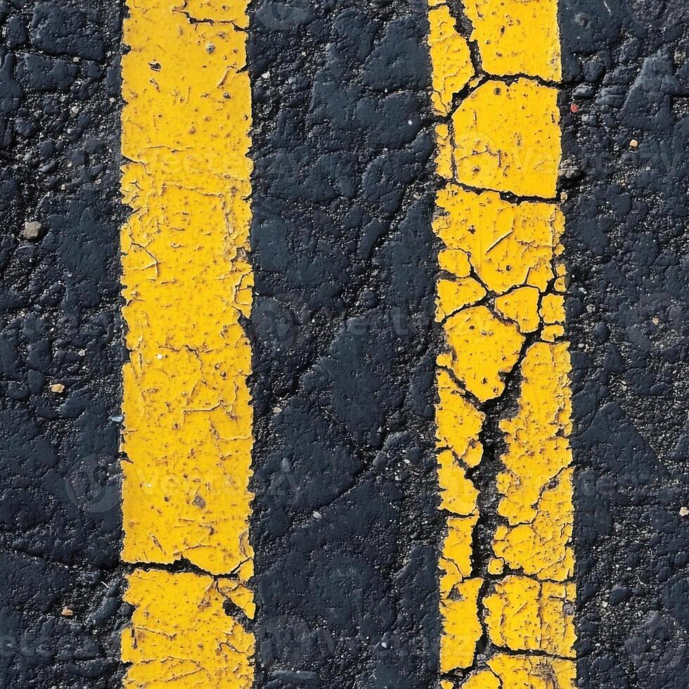 A close-up view of an asphalt road texture with a bold yellow stripe running along one side photo