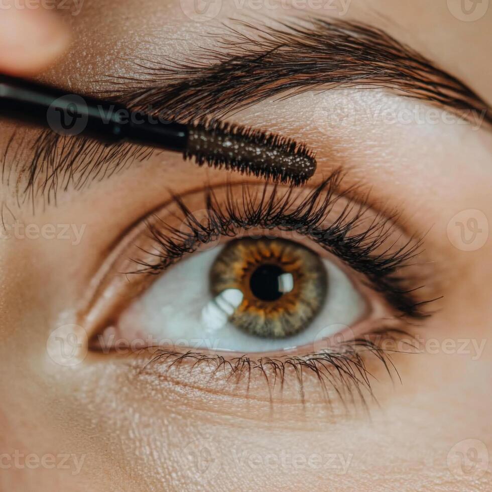 Close-up shot of a woman's eye as she applies mascara to her eyelashes. The focus is on the lashes, with the mascara wand gently brushing through them, adding volume and length photo