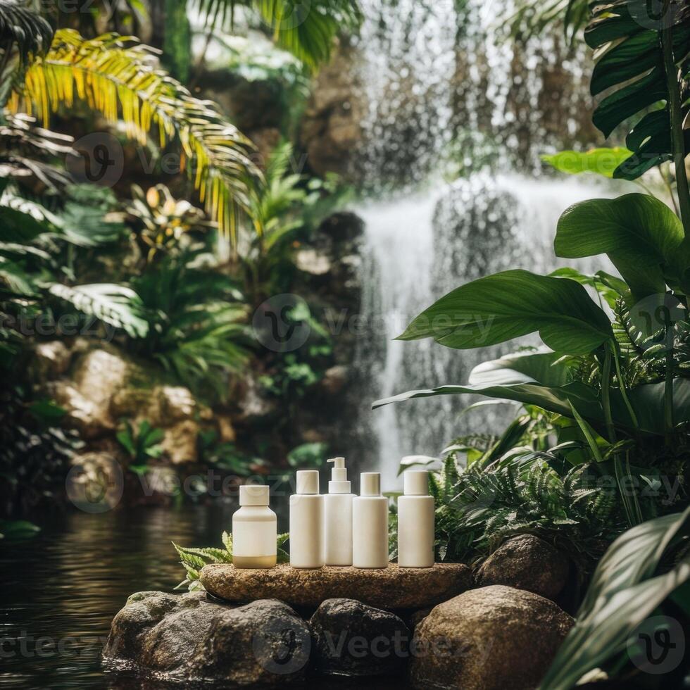 natural cosmetics against the backdrop of a beautiful jungle waterfall. Concept of natural cosmetics photo