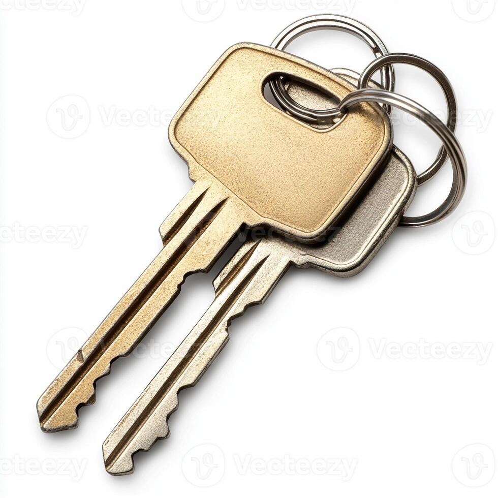 Two house keys resting on white background photo