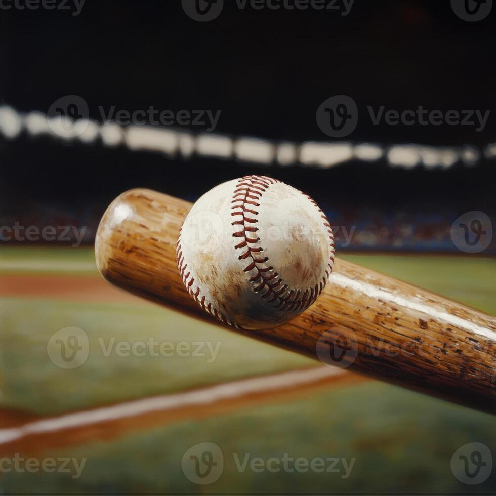 close-up of a baseball bat making contact with a baseball, captured in sharp focus with the ball slightly blurred in mid-flight photo