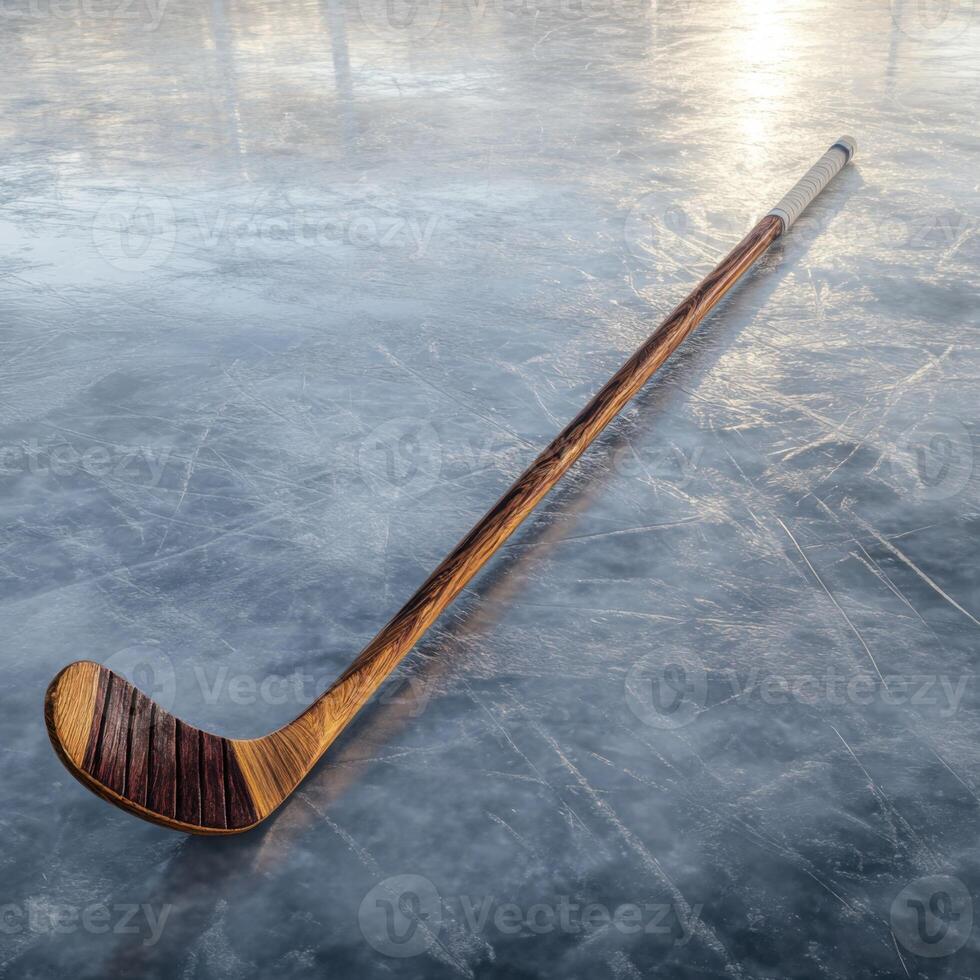 A full-length image of a classic wooden hockey stick standing upright on the ice rink photo