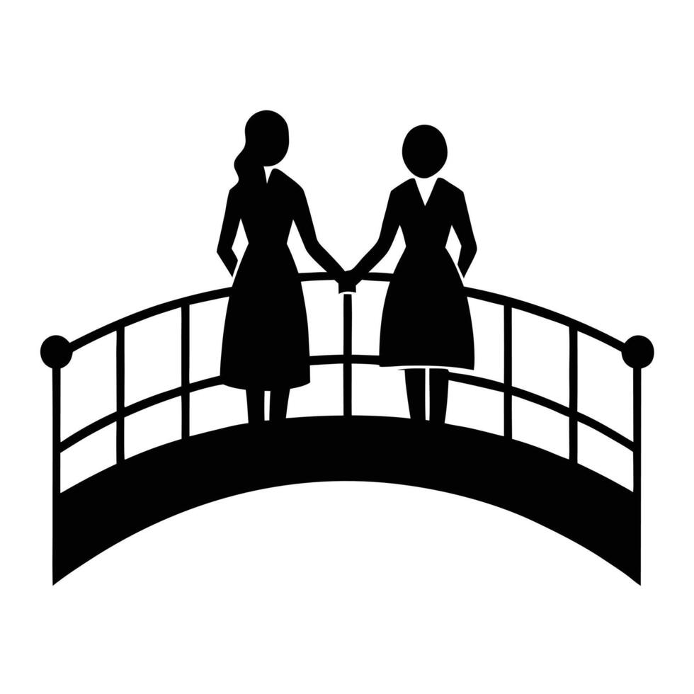 Women silhouettes walking across a glowing bridge of connection vector
