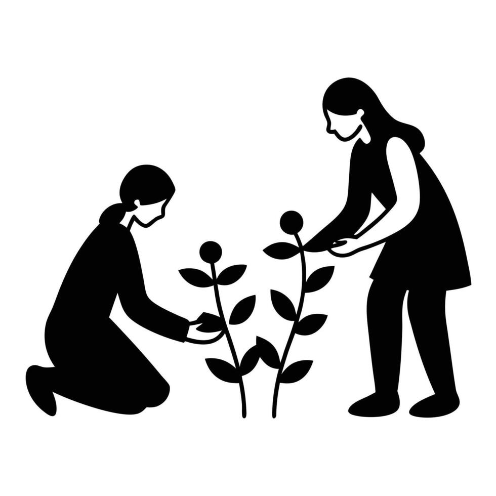 Women planting seeds growing into glowing vines of hope vector