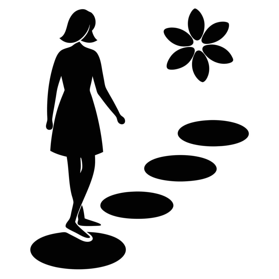 Silhouette of Woman Walking on Stepping Stones vector
