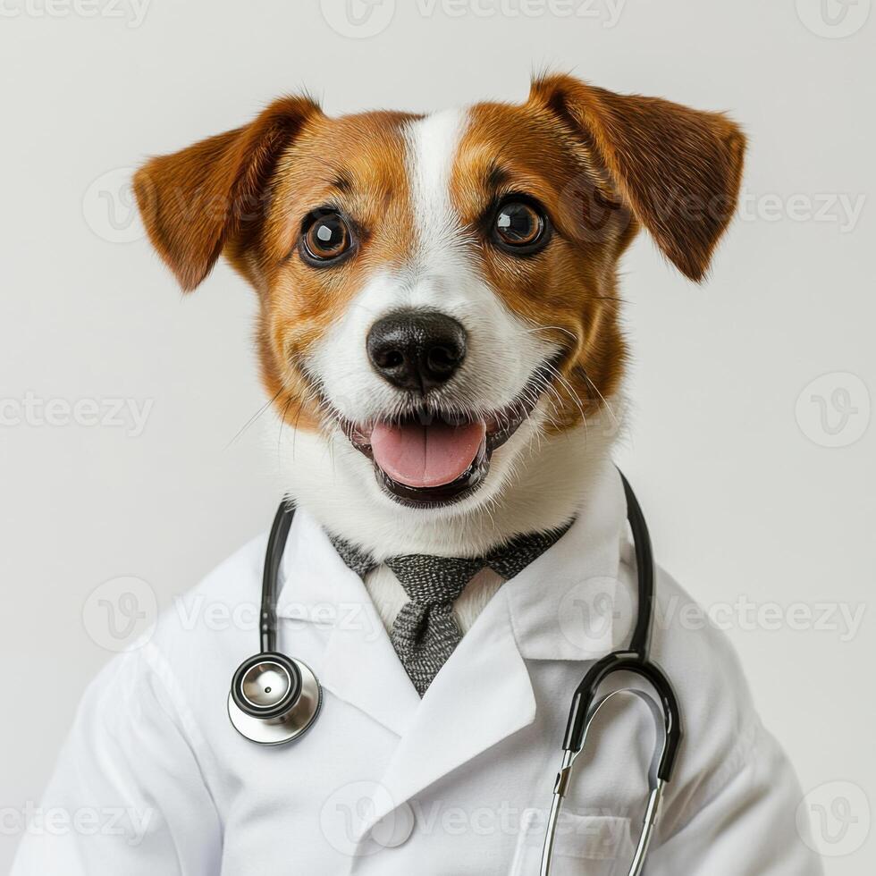smiling dog wearing a doctor's coat and a stethoscope around its neck, standing on a clean white background photo