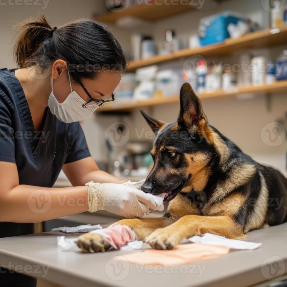 photo of a veterinarian carefully bandaging a dog's paw in a veterinary clinic. The dog is calm and resting on the table