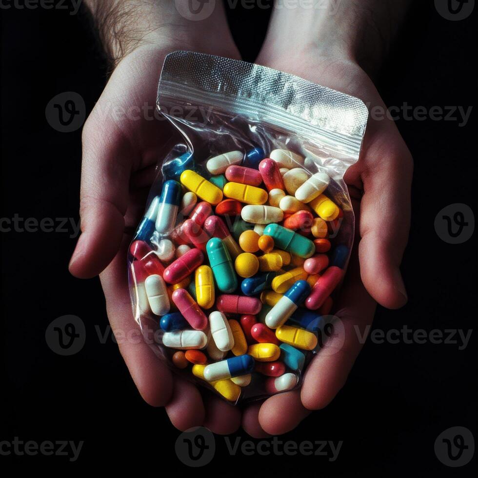 a bag of pills in hand top view photo