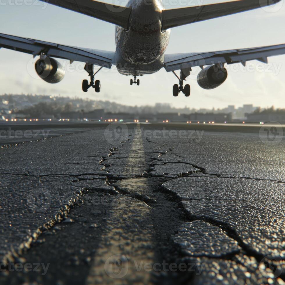 The airplane is captured mid-flight, lifting off, with its engines visible and exhaust leaving a trail behind. The asphalt runway is clearly detailed, with visible tire marks, cracks, and debris photo