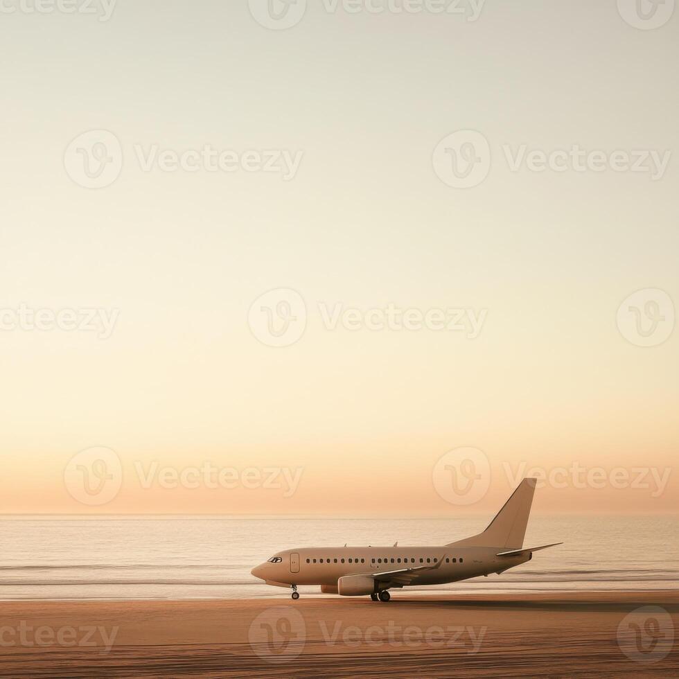 A simple passenger airplane is parked on a quiet beach, with no people in sight. The scene is bathed in the warm, golden light of a beautiful sunset photo