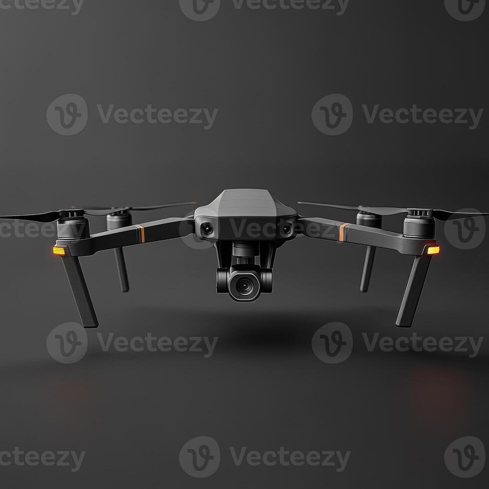 Professional camera drone hovering with its landing gear deployed photo