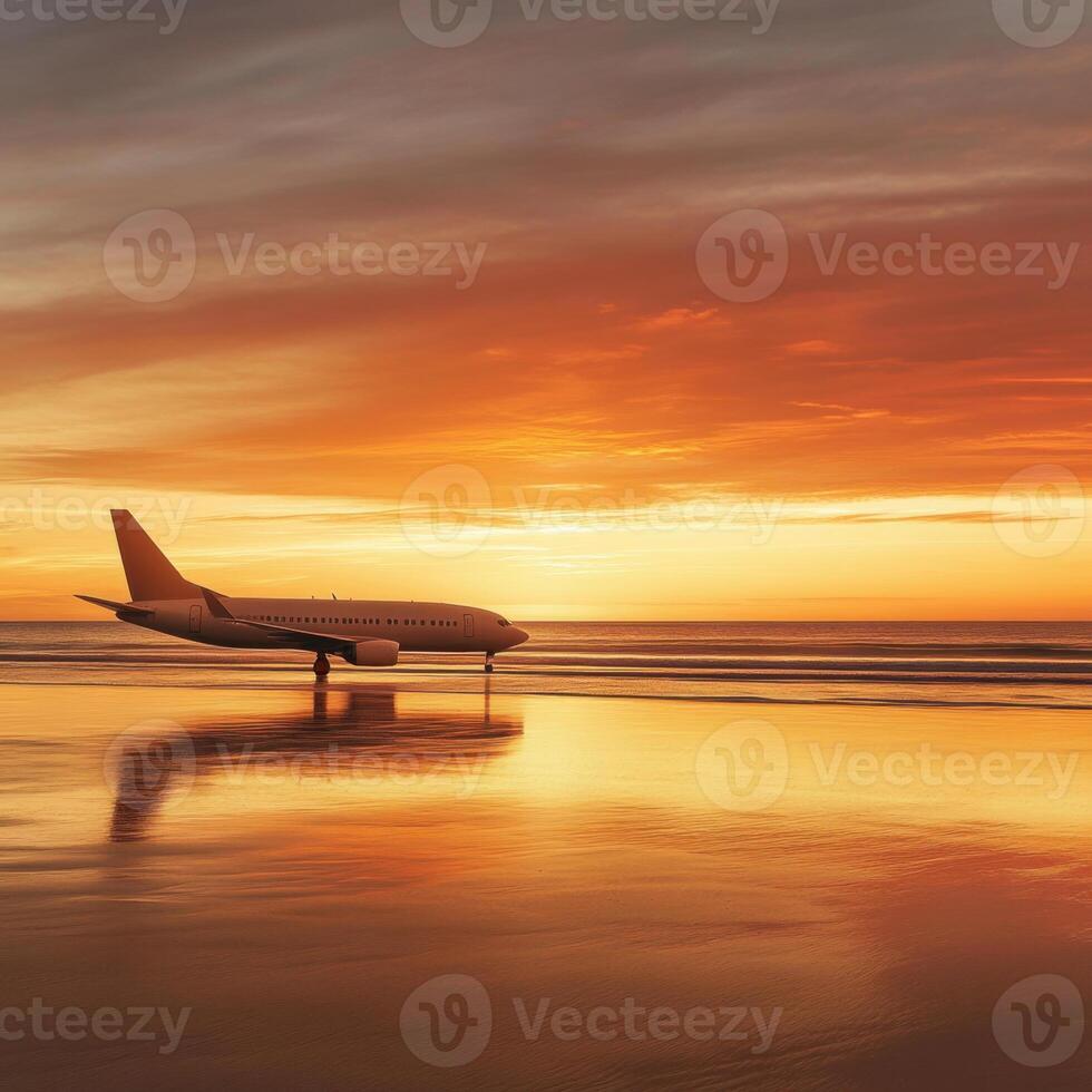 A simple passenger airplane is parked on a quiet beach, with no people in sight. The scene is bathed in the warm, golden light of a beautiful sunset photo