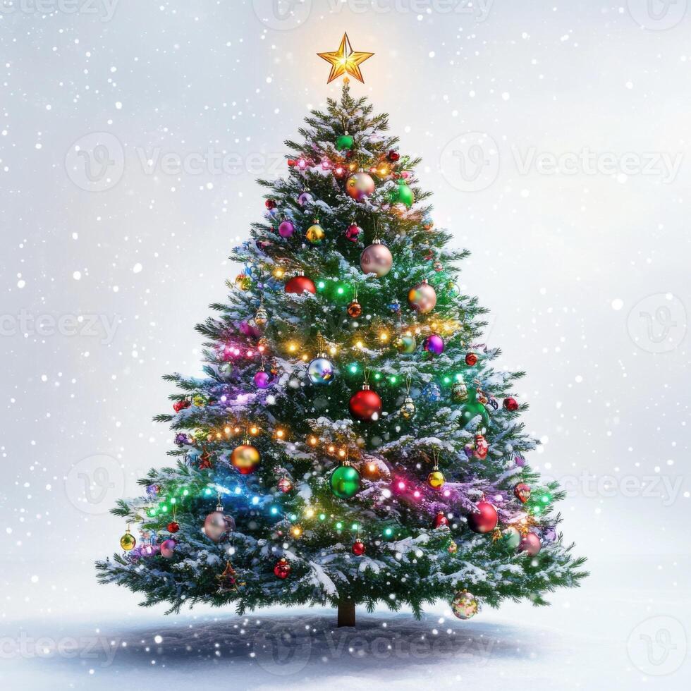 Christmas tree decorated with twinkling fairy lights, colorful ornaments, and a sparkling star on top photo