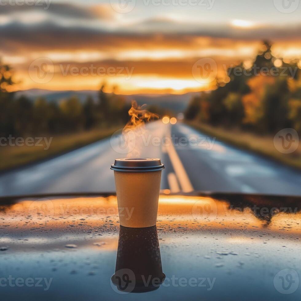 A coffee cup placed on the hood of a car, with the road stretching out in the background. The concept of a pleasant journey in your own car photo