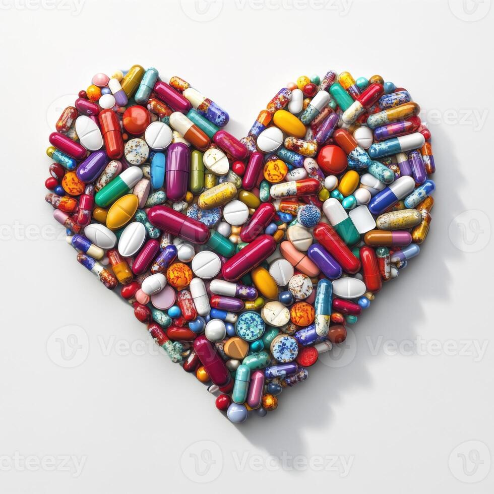 large pile of colorful pills and capsules arranged in the shape of a heart, placed on a clean, pure white isolated background photo